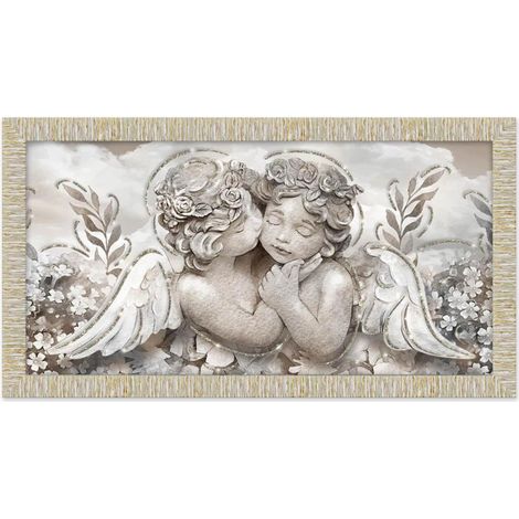 Lupia - Quadro Moderno con Cornice GIOVY Bianca Oro, ANGELS IN FLOWERS, Stampa su Pannello in Legno con Glitter, Adatto per Soggiorno, Camera da Letto, Cucina, Ufficio, 60x110 cm, tema angeli (1/4)