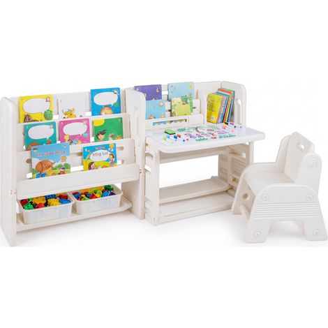 Bureau et Chaise pour Enfants, Table d'Étude avec Étagères Latérales et Paniers de Rangement, Plateau Inclinable, Tableau Effaçable, pour 3+ Ans (1/5)