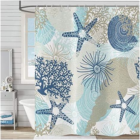 Rideau de Douche 180x200 cm Imperméable en Polyester - Motif Océan avec Étoiles de Mer, Coquillages et Corail - Décoration de Salle de Bain (1/4)