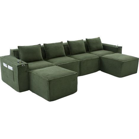 Modulares Sofa 4-Sitzer aus Cord, mit Becherhaltern und Seitentaschen, Grün (1/5)
