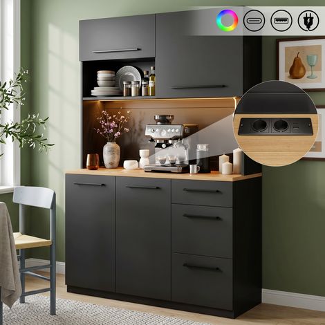 Buffets, armoire haute de salle à manger 120×40×180 cm, rangement à plusieurs niveaux, prise intégrée et ports USB-C et USB-A, avec bande lumineuse colorée, Noir (1/5)