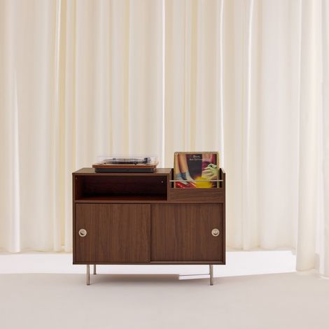 Meuble vinyle vintage décor bois et acier inoxydable 100cm noyer - Shelby