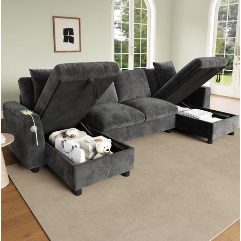 Sofá en U (279x135x84 cm), con almacenamiento en chaise longue, puerto USB y Type-C, chenille gris (1/5)