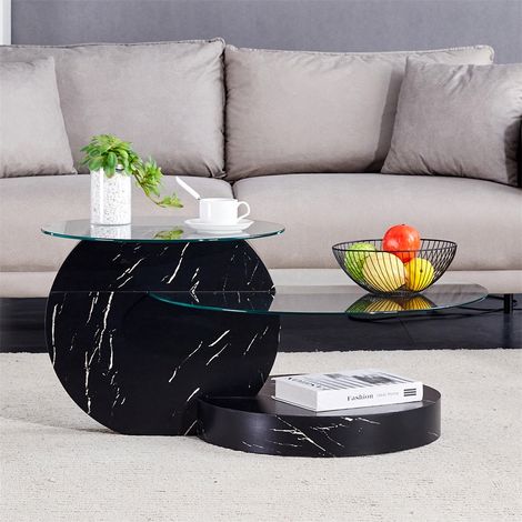 Table Basse Moderne 90x70x43cm - Double Plateau en Verre Trempé et Structure MDF Aspect Noir Texturé - Transparent et Noir (1/5)