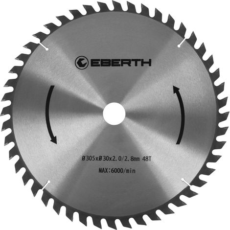 EBERTH Kreissägeblatt Sägeblatt Kreissäge Blatt aus Stahl mit Hartmetall-Zähnen für Holz-Schnitte (305mm Durchmesser, 30mm Bohrung, 2.0mm Blättstärke, 2.8mm Schnittbreite, 48 Zähne, RPM Max. 6000)