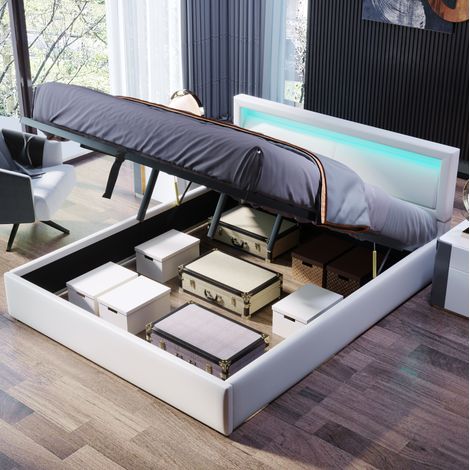 letto contenitore 140x200 riposo LED bianco stabile PU OKMYHOME (1/5)