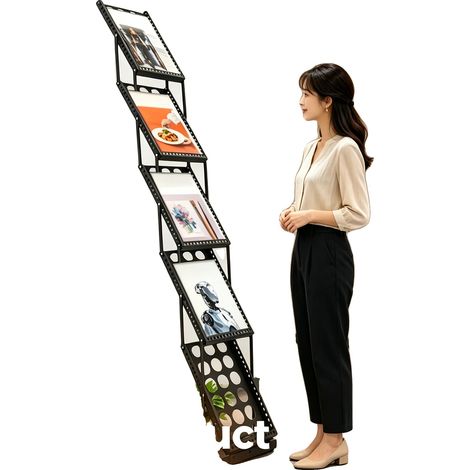 Espositore per brochure, struttura in ferro, design a 5 ripiani, 36 x 27 x 163 cm, compatibile con formato A4, autoportante. (1/5)