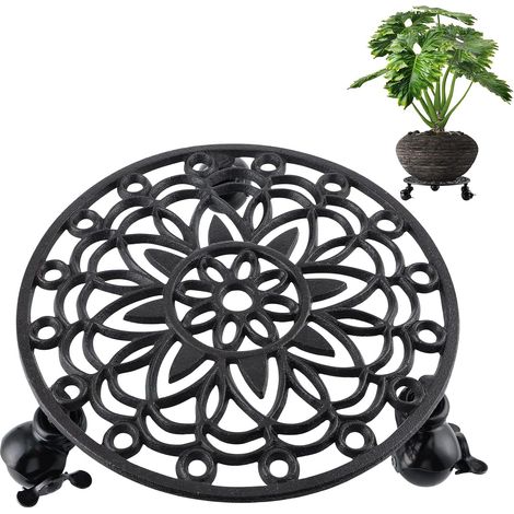 28cm Support pour Plante à Roues, Porte Plante a roulettes en Fonte, Soucoupe avec Roues pour Plante avec Frein, Noir (1/5)