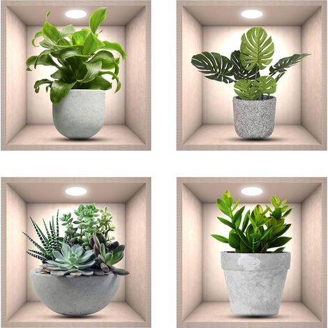 stickers muraux cuisine, 4pcs réaliste vert plante en pot imperméable mur art stickers 3D vinyle amovible stickers muraux salon chambre salle de bains cuisine décoration de bureau