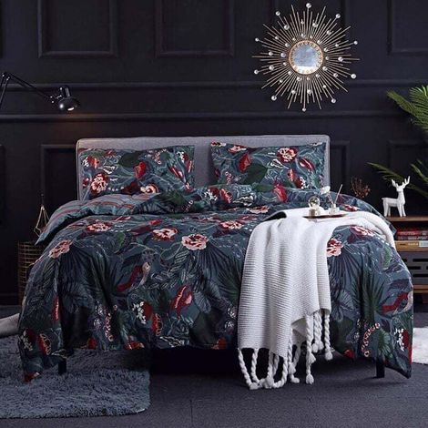 Housse de Couette 200x200 Bleu Nuit - Parure de Lit Motif Fleurie Rose avec Fermeture Éclair - Linge de Lit Réversible 2 Personnes Adulte avec 2 Taies d'oreiller 50x75 cm (1/4)