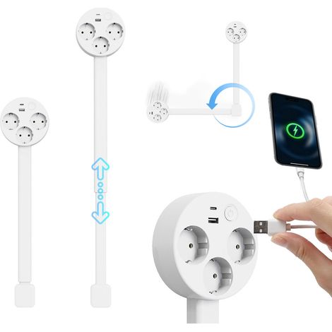 Multiprise Électrique 1500W, 47 - 67cm Extensible, avec 3 Prises, 1 USB-C, 1 USB-A, Interrupteur, Rotation à 360° (1/5)