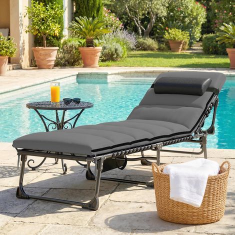 Tumbona de jardín plegable, con respaldo reclinable en 5 posiciones, 200 x 57 x 38 cm, gris oscuro.