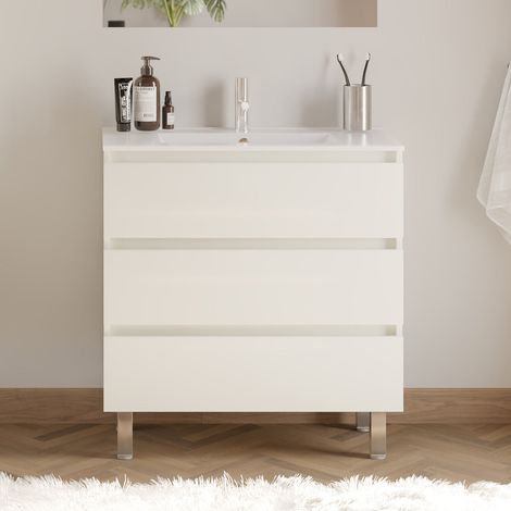 Meuble de salle de bain 80cm simple vasque - sans miroir - 3 tiroirs - blanc brillant - MAYOR