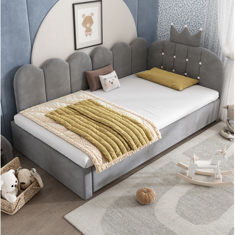 Cama nido infantil con corona y terciopelo gris HAVRYA (1/5)