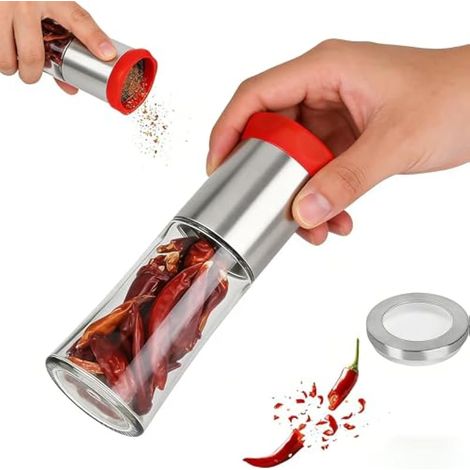 Moulin à Épices Manuel – Inox + Verre – Piment, Poivre, Cumin, 5 Épices – Meule Réglable – Corps 17 cm, Diamètre 5 cm - Moulin à Sel et à Poivre – Facile à Laver – pour Cuisine, BBQ, Randonnée (1/5)