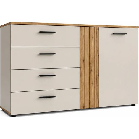 Credenza Frezo02 con 4 cassetti e 2 ante con dettaglio a listelli verticali colore cashmere e rovere evoque (1/5)