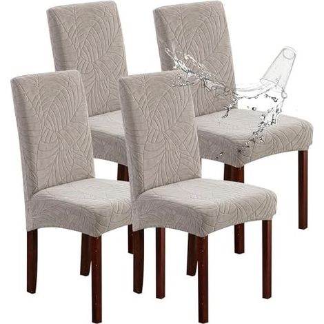 Lot de 4 Housses de Chaise Extensibles Imperméables, Motif Feuilles Grises, pour Chaises Parsons, Cuisine et Salle à Manger (1/4)