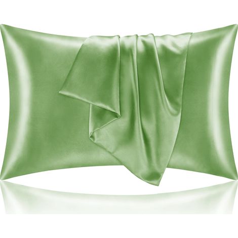 Taie d'oreiller satin pour cheveux et peau, lot de 2 taies king, vert sauge doux et soyeux, fermeture enveloppe, 50x100 cm (1/5)