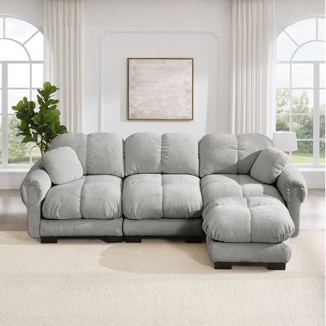 CHICFURN Sofá esquinero 3 plazas 260x149 cm chenilla gris claro con otomana móvil (1/5)