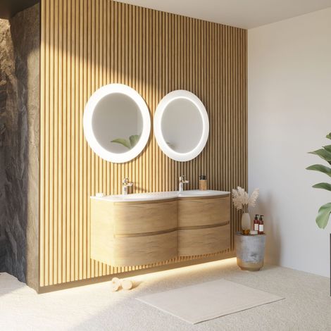 Kiamami Valentina – Meuble de salle de bain mural 140 cm – Armoire courbe en chêne miel avec double lavabo en résine – 4 tiroirs et 2 miroirs à LED 75 cm (1/5)