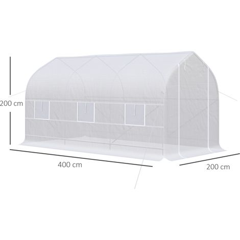 Serre tunnel anti-UV avec 6 fenêtres en filet et entrée coulissante, en métal et PE, 4x2x2m, blanche. (1/5)