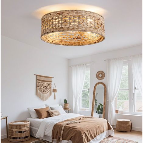 Lámpara de techo con ventilador (53x53x22 cm), control por app y mando, 6 velocidades, ratán y plástico cobre (1/5)