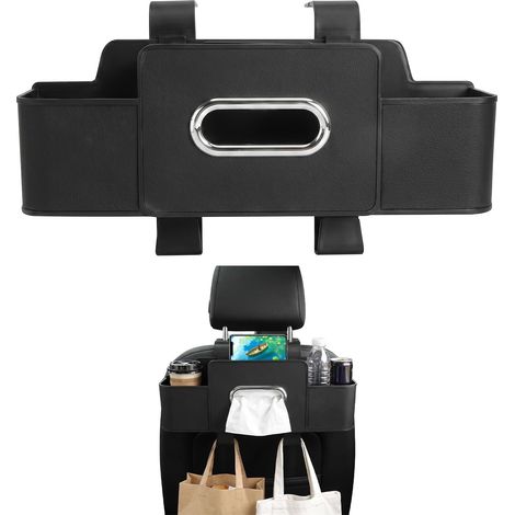 Organisateur siège arrière - Porte gobelet Voiture avec boîte à mouchoirs Organisateur de voiture avec surface aspect cuir et ABS, rangement voiture, support téléphone et 2 crochets d’appuie-tête (1/5)