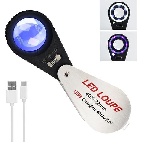 Magnifying Glass 40x with UV and LED Lights 22mm Triple Lens Portable Eye Inspection Magnifier for Gemstones Optical Lens Rechargeable Battery for Jewelers, (1/5)