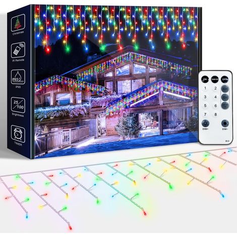 10M Guirlande Lumineuse Rideau Noël Extérieur, LED Intérieur Guirlande Lumineuse Fenetre 8 Modes Étanche Décoration Noel pour Maison Mariage Balcon Chambre Jardin Patio Fête, Multicolore