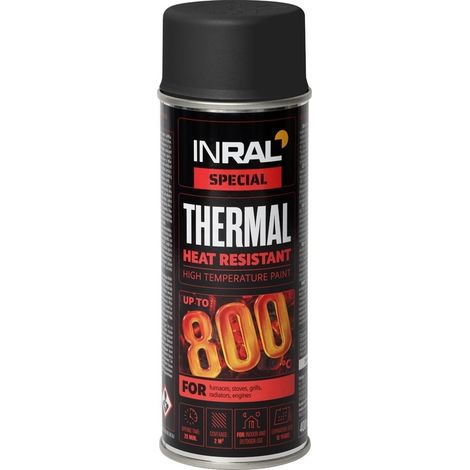 Peinture haute température INRAL Thermal 800 °C – émail silicone noir mat, séchage rapide, protection poêle & radiateur – 400 ml