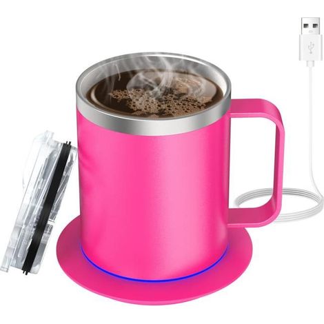 KLVGTIFS PU - Tasse Chauffante à Alimentation USB, Mug à Café Auto-Chauffant pour Bureau, Ensemble de Réchauffeur avec Arrêt Automatique,Rose (1/5)
