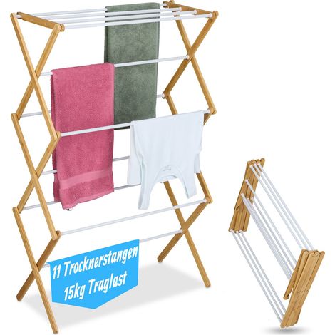 Relaxdays Stendibiancheria Pieghevole, Stendino Verticale Torre, 11 Aste Stendi Panni, 115x73x33cm, Bambù, Ferro, Bianco