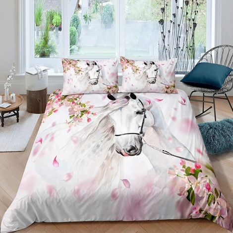 Parure de lit avec housse de couette 135 x 200 cm - Motif cheval blanc et fleurs roses - Motif animal sauvage aquarelle - Pour chambre à coucher - Décoration de chambre à coucher (1/4)