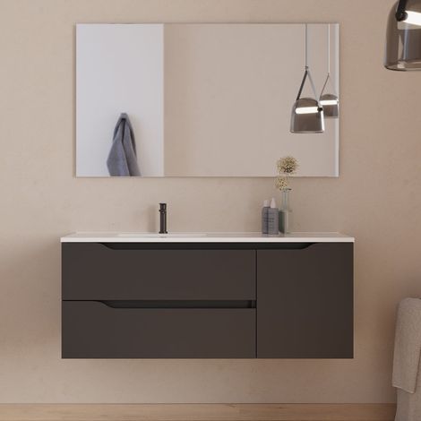 Meuble de salle de bain 120cm avec vasque déportée à gauche et miroir - 2 tiroirs et un placard - noir - ZARZA (1/5)