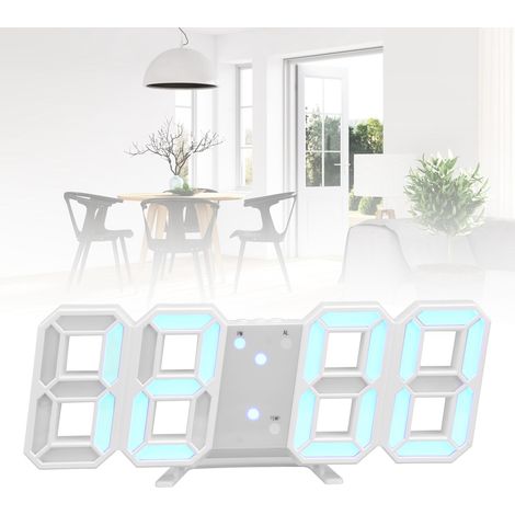 Digitale LED-Uhr, Wanduhr fürs Wohnzimmer, elektronischer Wecker, sprachgesteuerter elektronischer Wecker, USB-betrieben, weißes Gehäuse mit blauer Schrift (1/5)