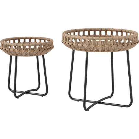 Table de chevet rotin ronde Ø60/41 cm imperméable, pattes en X, coussinets réglables, marron - Lot de 2