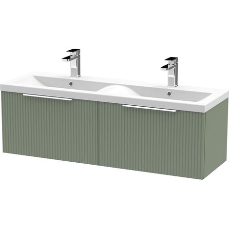 Tixall Fluted 2 Drawer Wall Hung Vanity Unit with Double Basin, Satin Green, 1200mm