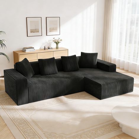 Seyakany Canapé modulaire 3 place,Canapé d'angle en L avec d'assise profonde,canapés de compression,Tissu velours côtelé,261x146x65cm(Noir)