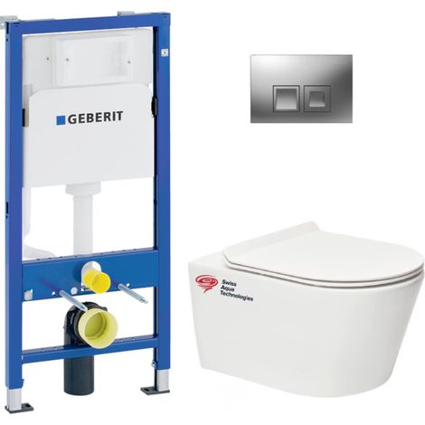 Geberit – Pack WC bâti-support UP100 – Cuvette suspendue sans bride – Abattant ultra-fin softclose – Fixations invisibles – Plaque chrome mat