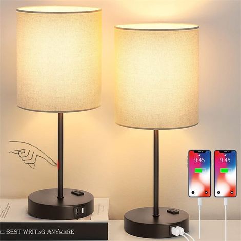 2er-Pack Schreibtischlampe mit USB-Ladeanschluss, Nachttischlampe mit AC-Steckdose, moderne minimalistische Schreibtischlampe mit Stoffschirm für Wohnzimmer, Schlafzimmer, Büro – Schwarz