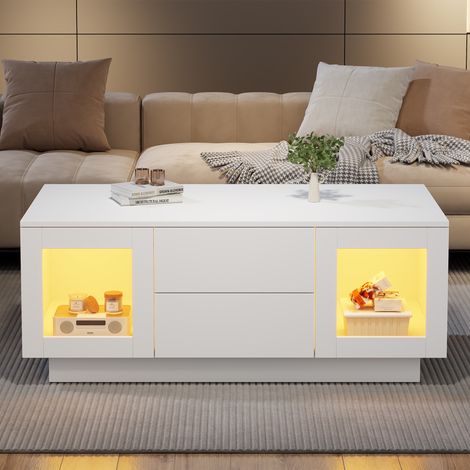 Couchtisch 100x50x40 cm - RGB LED-Beleuchtung mit App-Steuerung - Wohnzimmertisch mit 2 Schubladen und 2 Glasschränken - Moderner Sofatisch aus MDF-Platte - Hochglanz weiß (1/5)