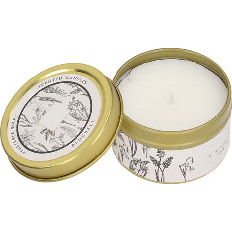 Bougie parfumée aux huiles essentielles de plantes naturelles, cire de soja, en boîte métallique dorée, 70 g, jacinthe des bois (1/5)