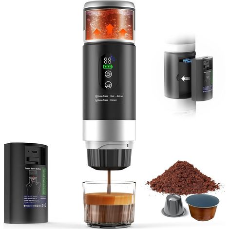 Cafetière Portable 3 en 1,batterie amovible, Cafetiere Rechargeable Expresso Machine a Cafe compatible avec capsules , et café moulu, pour Bureau, Maison, Voyage (1/5)