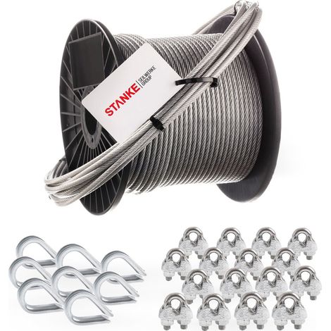 Seilwerk STANKE Câble d’acier galvanisé gainé (couche PVC) 10m diamètre 2mm 1x19, 8x Cosse-coeur, 16x Serre-câble è étrier - SET 3
