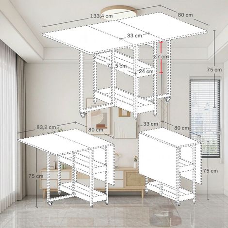 Table pliante sur roulettes pour 4 personnes, étagères ouvertes intégrées, gain de place pour petits espaces, plateau fonctionnel et mobilité (1/5)