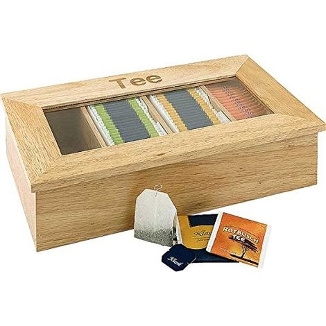 APS BOÎTE À THÉ EN BOIS (RUBBERWOOD): ENVIRON 33,5 X 20 CM HAUTEUR 9 CM - 4 COMPARTIMENTS AVEC FENÊTRE POUR KUVERTIERTE SACHETS