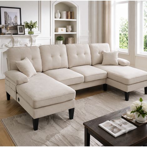 Canapé d'angle 4 places en tissue Beige, Canapé Moderne en U avec ports USB et Type-C, poches de rangement, Dimensions 250x130x88 cm (1/5)