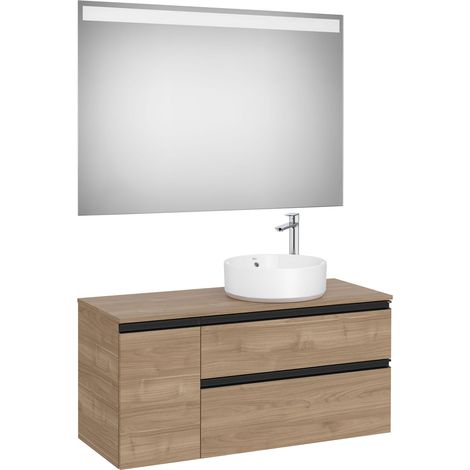 Pack meuble "The gap" 1100 pour vasque à droite - 2 tiroirs + 1 porte + plan + miroir LED - noyer/poignées noires - Roca (1/2)