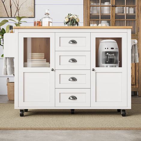 Desserte de cuisine, Desserte extensible à roulettes, étagères réglables, quatre tiroirs et deux portes, 120 x 73 x 93 cm, design moderne, Blanc (1/5)