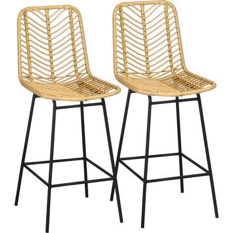 Lot de 2 tabourets bar bohème rotin PE jaune/noir - Dossier et repose-pieds - 42.5x52x102cm - Style déco tendance (1/5)